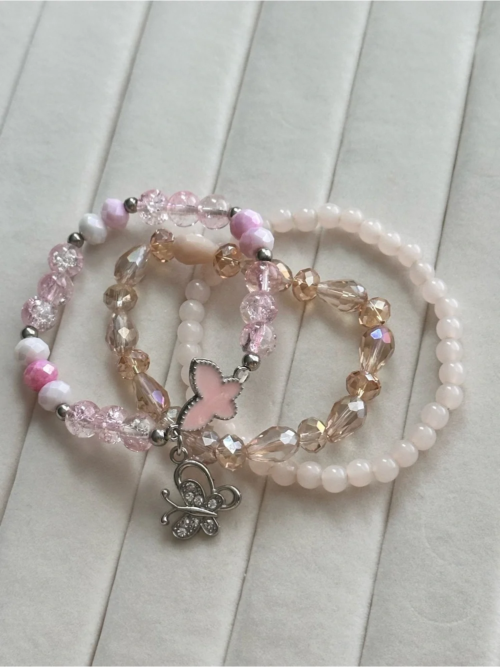 Pink Beaded Butterfly Charm Bracelet Set